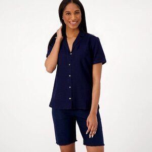 Susan Graver PURE Regular Linen Blend Button Front Shirt - Navy Sz XS a63155